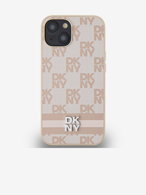 DKNY PU kožený zadný kryt s károvaným vzorom a pruhmi pre iPhone 13 ružový DKNY