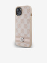 DKNY PU kožený zadný kryt s károvaným vzorom a pruhmi pre iPhone 13 ružový DKNY