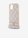 DKNY PU kožený zadný kryt s károvaným vzorom a pruhmi pre iPhone 13 ružový DKNY