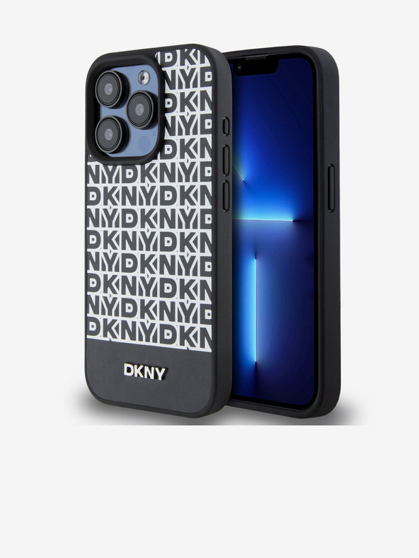 DKNY PU kožený zadný kryt Repeat Pattern Bottom Stripe MagSafe pre iPhone 14 Pro Max Black DKNY