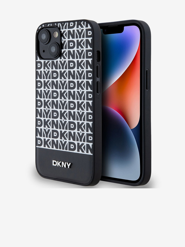DKNY PU kožený zadný kryt Repeat Pattern Bottom Stripe MagSafe pre iPhone 14 Black DKNY