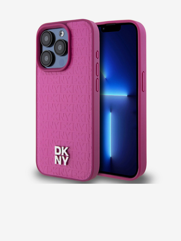 DKNY PU kožený zadný kryt s opakujúcim sa vzorom Stack Logo Magsafe pre iPhone 15 Pro ružový DKNY