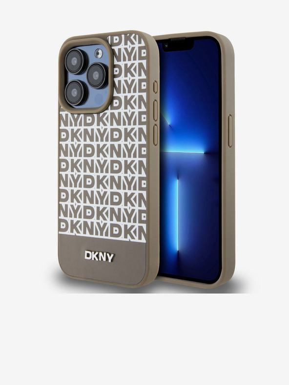 DKNY PU kožený zadný kryt Repeat Pattern Bottom Stripe MagSafe pre iPhone 13 Pro Brown DKNY