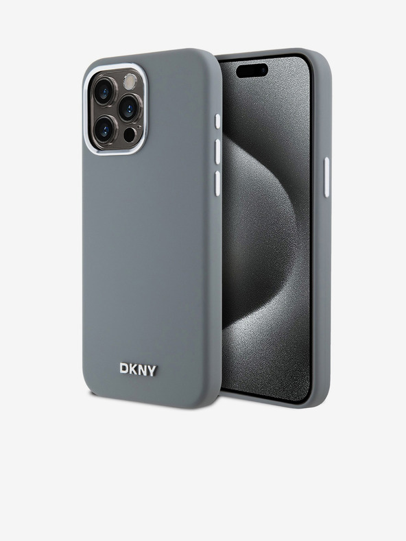 DKNY Liquid Silicone Silver Metal Logo Magsafe zadný kryt pre iPhone 15 Pro Max Grey DKNY