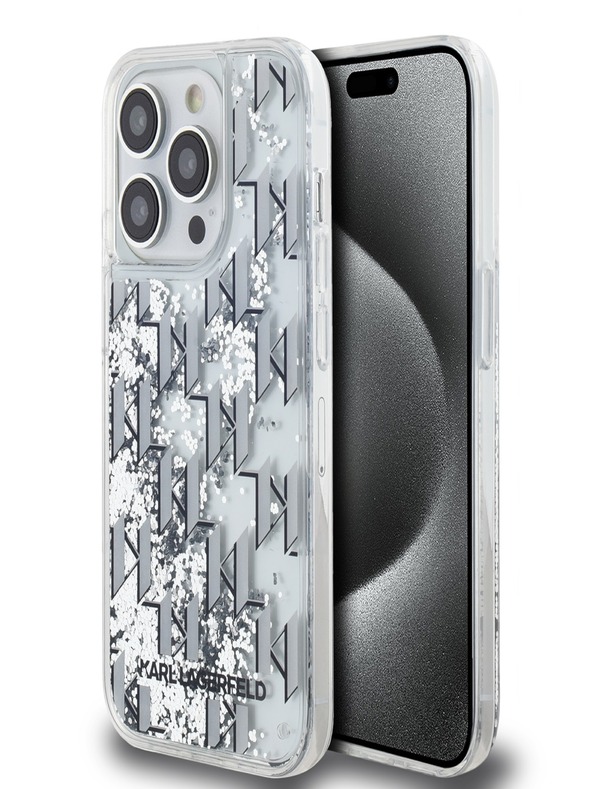 Karl Lagerfeld Tekutý trblietavý zadný kryt Monogram Gradient pre iPhone 14 Pro White Karl Lagerfeld