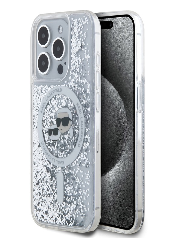 Karl Lagerfeld Karl Lagerfeld Liquid Glitter Karl and Choupette Heads MagSafe zadný kryt pre iPhone 15 Pro Max Transparent
