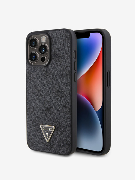 Guess PU 4G Strass Triangle Metal Logo Zadní Kryt pro iPhone 15 Pro Max Black Obal na telefón