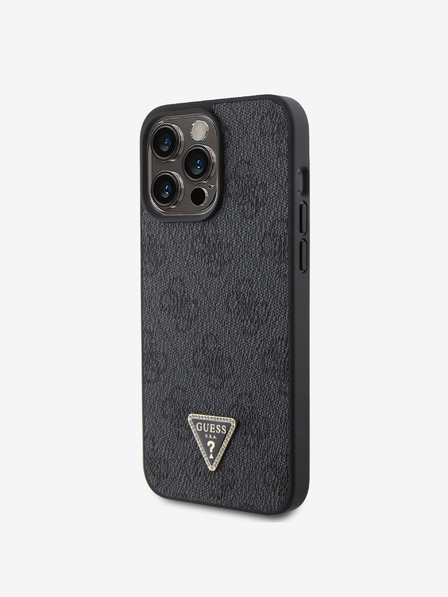 Guess PU 4G Strass Triangle Metal Logo Zadní Kryt pro iPhone 15 Pro Max Black Obal na telefón