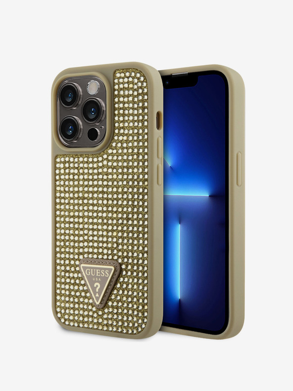 Guess Guess Rhinestones Triangle Metal Logo Cover pre iPhone 15 Pro Gold