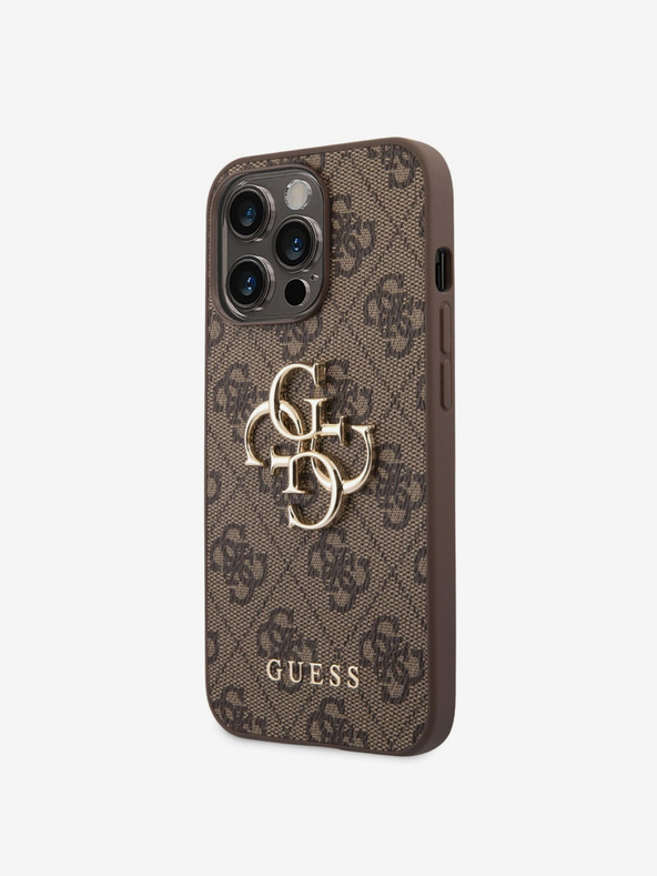 Guess PU 4G Metal Logo Zadní Kryt pro iPhone 14 Pro Brown Obal na telefón