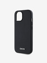 DKNY PU kožený strieborný kovový zadný kryt s logom Magsafe pre iPhone 15 čierny DKNY