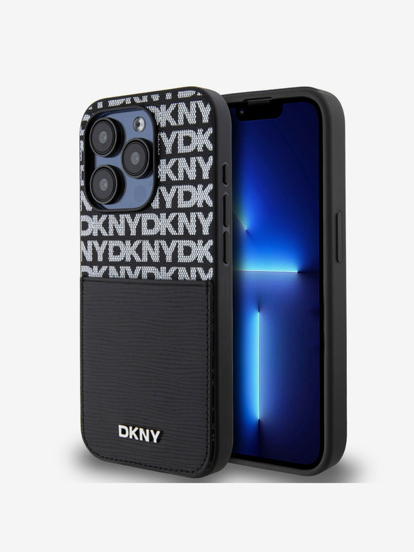 DKNY PU kožený zadný kryt Repeat Pattern Card Pocket pre iPhone 15 Pro Max Black DKNY