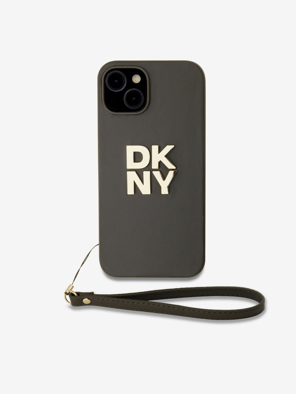 DKNY PU kožený zadný kryt s logom Stack Wrist Strap pre iPhone 14 Brown DKNY