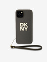 DKNY PU kožený zadný kryt s logom Stack Wrist Strap pre iPhone 14 Brown DKNY