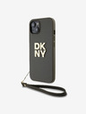 DKNY PU kožený zadný kryt s logom Stack Wrist Strap pre iPhone 14 Brown DKNY