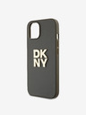 DKNY PU kožený zadný kryt s logom Stack Wrist Strap pre iPhone 14 Brown DKNY