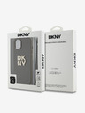 DKNY PU kožený zadný kryt s logom Stack Wrist Strap pre iPhone 14 Brown DKNY