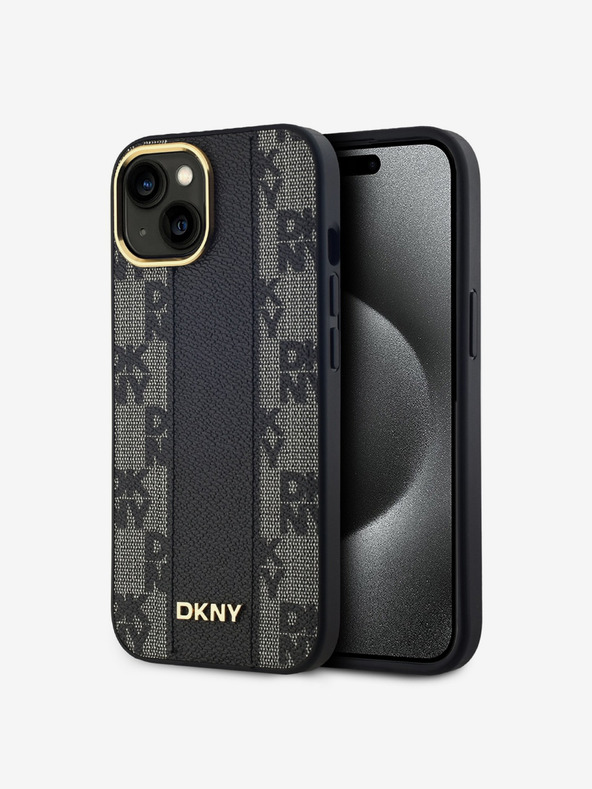 DKNY PU kožený károvaný zadný kryt so vzorom Magsafe pre iPhone 15 čierny DKNY