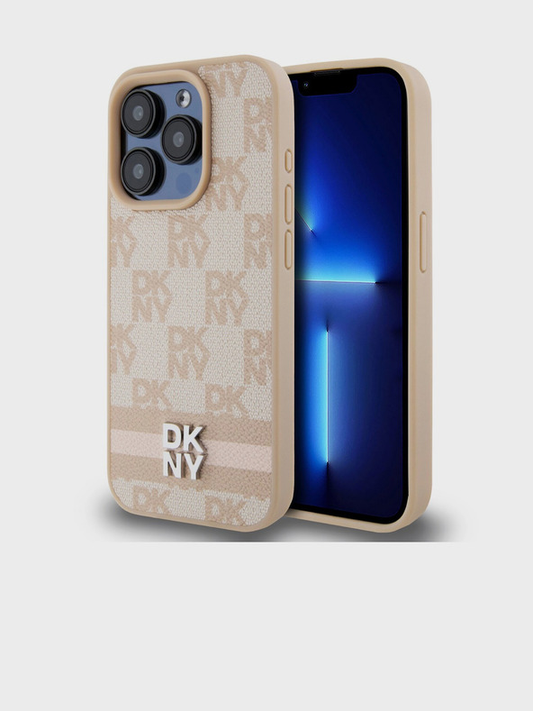 DKNY PU kožený zadný kryt so šachovnicovým vzorom a pruhmi pre iPhone 15 Pro Pink DKNY
