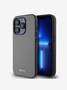 DKNY PU kožený strieborný kovový zadný kryt s logom Magsafe pre iPhone 14 Pro Grey DKNY