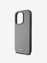 DKNY PU kožený strieborný kovový zadný kryt s logom Magsafe pre iPhone 14 Pro Grey DKNY