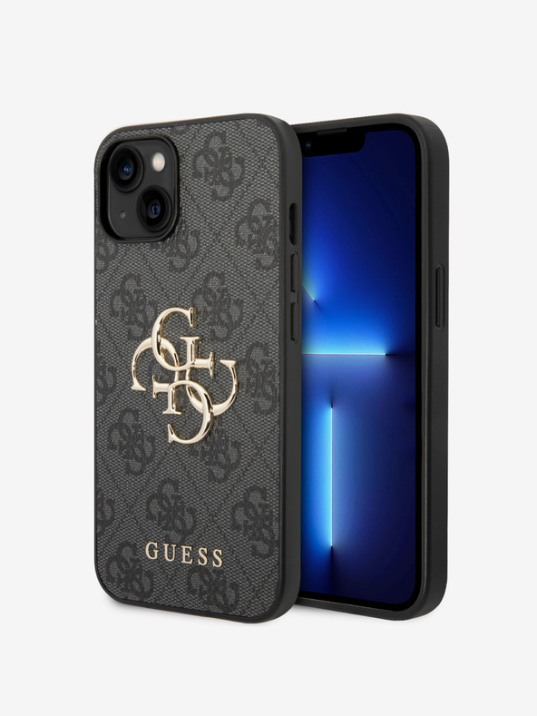 Guess Guess PU 4G kovové logo zadný kryt pre iPhone 15 sivý