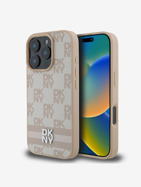 DKNY DKNY PU kožený zadný kryt so šachovnicovým vzorom a pruhmi pre iPhone 16 Pro ružový