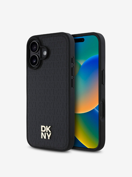 DKNY DKNY PU kožený zadný kryt s opakujúcim sa vzorom Stack Logo MagSafe pre iPhone 16 čierny
