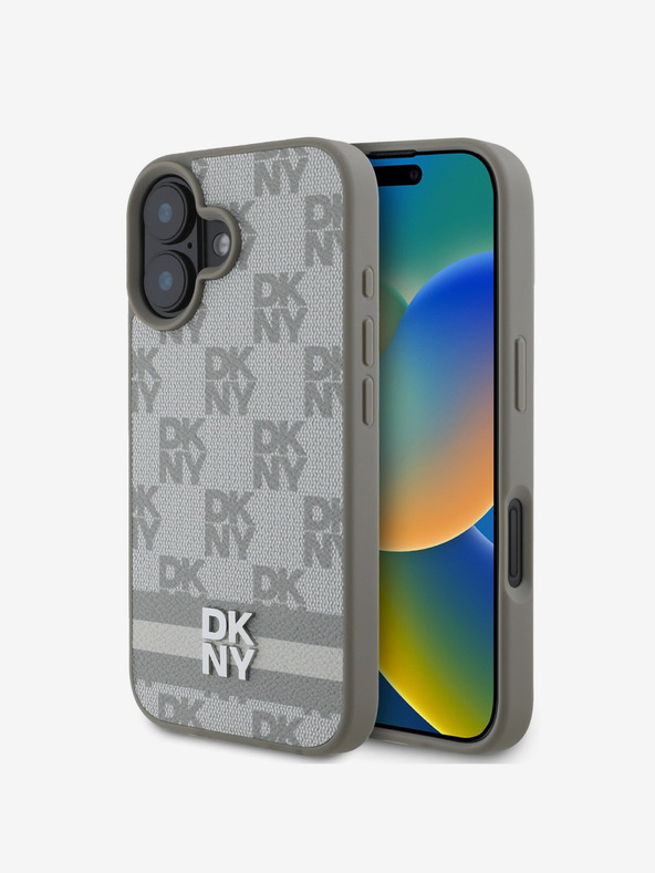 DKNY DKNY PU kožený zadný kryt s károvaným vzorom a pruhmi pre iPhone 16 béžový