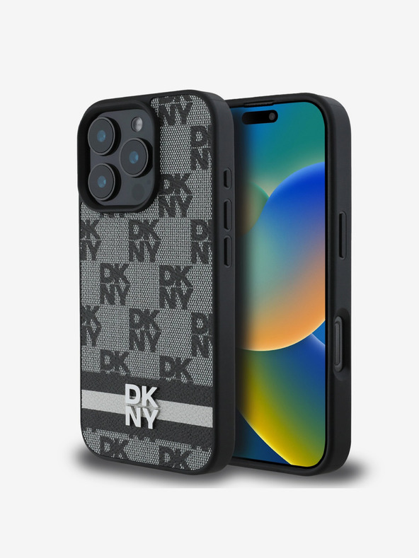 DKNY DKNY PU kožený zadný kryt so šachovnicovým vzorom a pruhmi pre iPhone 16 Pro Max čierny