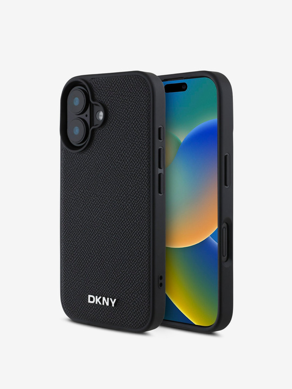 DKNY DKNY PU kožený strieborný kovový kryt s logom Magsafe pre iPhone 16 Plus čierny