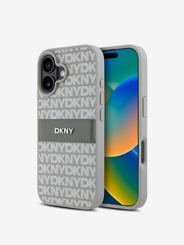 DKNY DKNY PU kožený zadný kryt s opakujúcim sa vzorom s tonálnym prúžkom pre iPhone 16 béžový