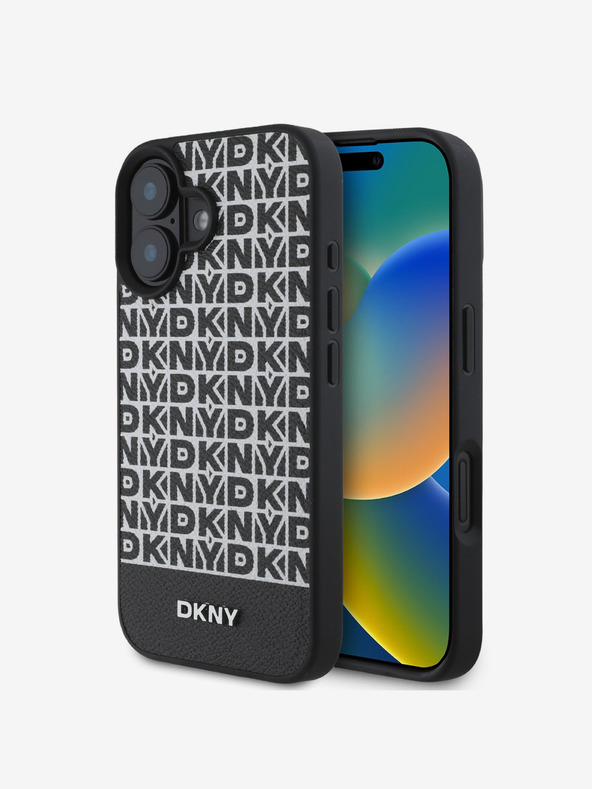 DKNY DKNY PU kožený opakujúci sa vzor spodného pruhu MagSafe zadný kryt pre iPhone 16 Plus čierny