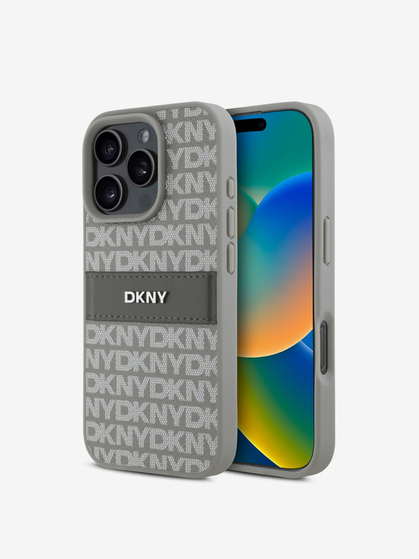 DKNY DKNY PU kožený zadný kryt Repeat Pattern Tonal Stripe pre iPhone 16 Pro béžový