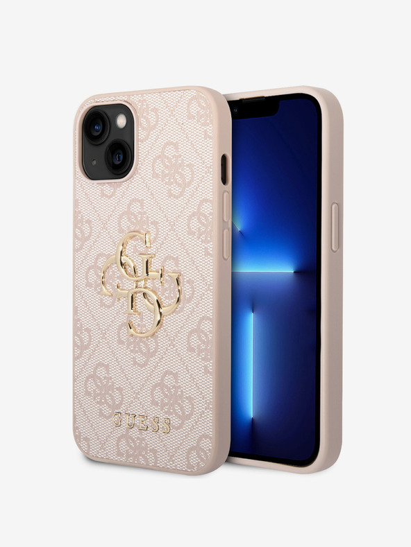 Guess PU 4G Metal Logo Zadní Kryt pro iPhone 15 Pink Obal na telefón
