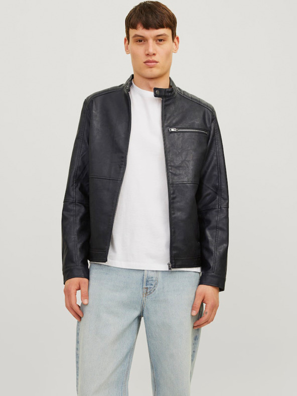Jack & Jones Čierna pánska kožená bunda Jack & Jones Dylan