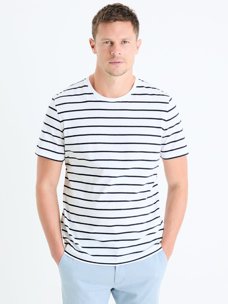 Celio Biele pánske pruhované tričko Celio Gebaser