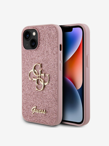 Guess PU Fixed Glitter 4G Metal Logo Zadní Kryt pro iPhone 13 Pink Obal na telefón