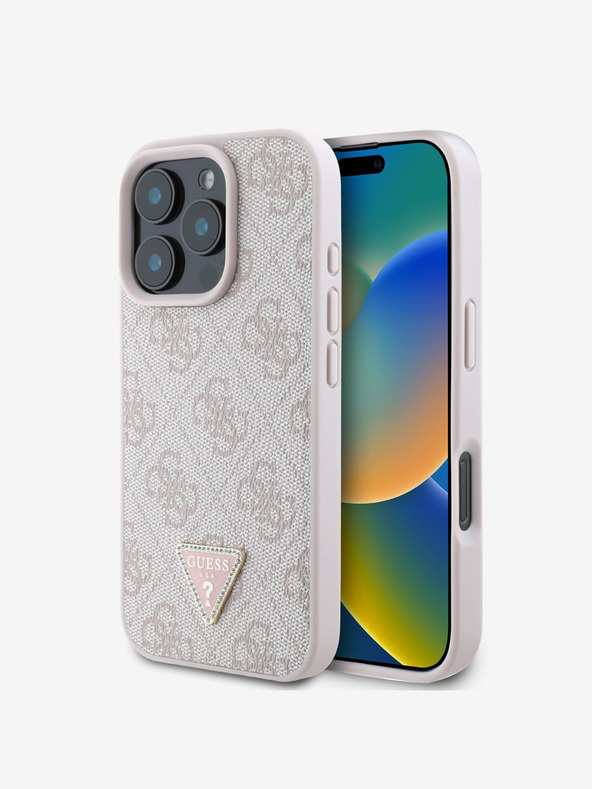 Guess Guess PU 4G štrasové trojuholníkové kovové logo zadný kryt pre iPhone 16 Pro ružový