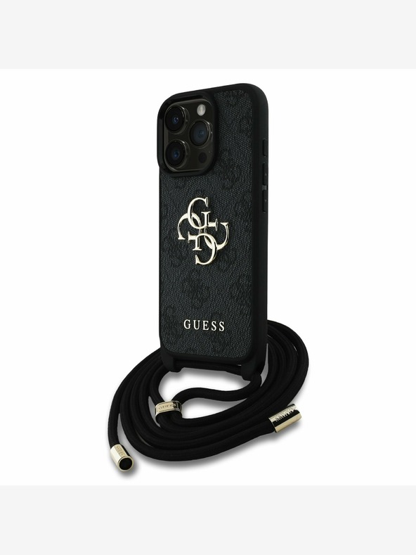 Guess Guess PU 4G kovové logo Crossbody zadný kryt s popruhom pre iPhone 16 Pro čierny