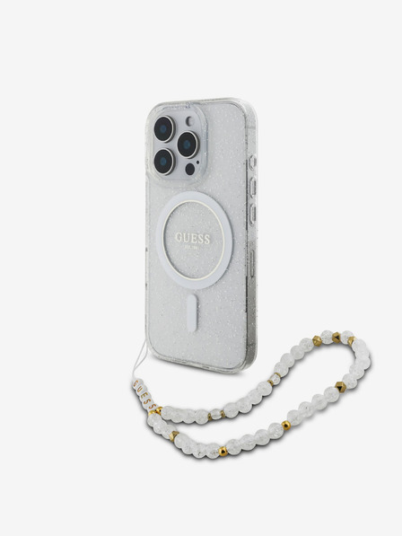 Guess IML Glitter Beads Strap MagSafe Zadní Kryt pro iPhone 16 Pro Max Transparent Obal na telefón