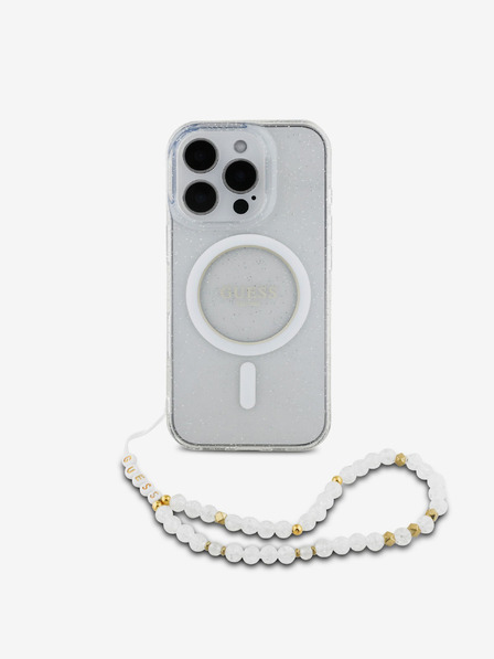 Guess IML Glitter Beads Strap MagSafe Zadní Kryt pro iPhone 16 Pro Max Transparent Obal na telefón