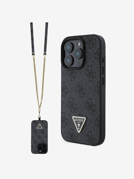 Guess Guess PU 4G Štrasové trojuholníkové kovové logo Zadný kryt + crossbody popruh pre iPhone 16 Pro Black