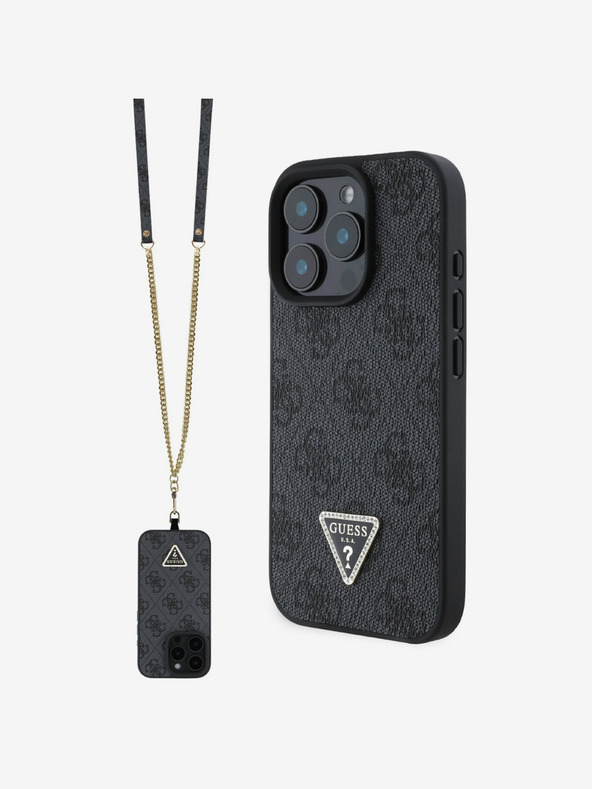 Guess Guess PU 4G Štrasové trojuholníkové kovové logo Zadný kryt + crossbody popruh pre iPhone 16 Pro Black
