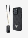 Guess Guess PU 4G Štrasové trojuholníkové kovové logo Zadný kryt + crossbody popruh pre iPhone 16 Pro Black