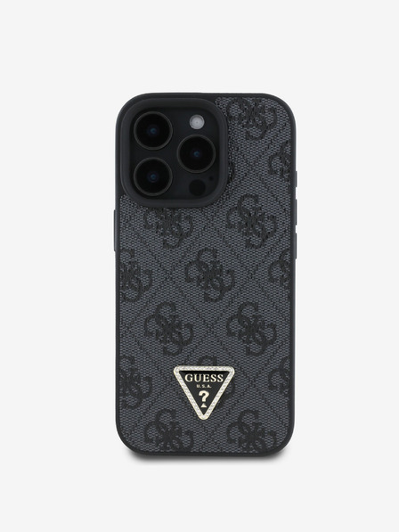 Guess Guess PU 4G Štrasové trojuholníkové kovové logo Zadný kryt + crossbody popruh pre iPhone 16 Pro Black
