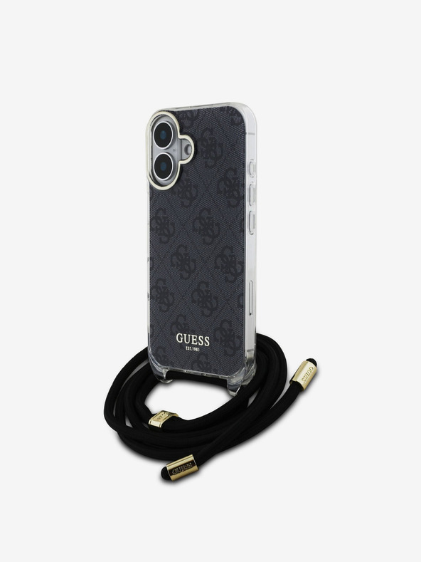 Guess Guess IML 4G zadný kryt s potlačou krížového remienka pre iPhone 16 čierny