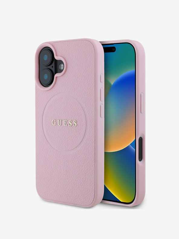 Guess Guess PU zrnité klasické logo MagSafe zadný kryt pre iPhone 16 ružový