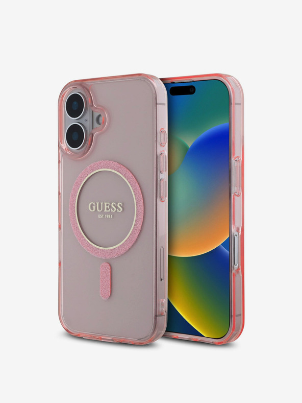 Guess Guess IML Glitter Ring MagSafe zadný kryt pre iPhone 16 ružový