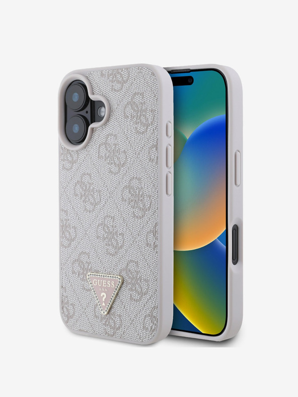 Guess Guess PU 4G štrasové trojuholníkové kovové logo zadný kryt pre iPhone 16 ružový